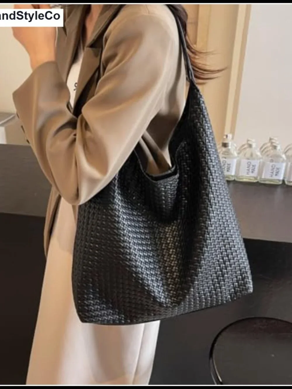 Woven Tote Bag for Women, Large Capacity Vegan Leather Hobo Shoulder Bag